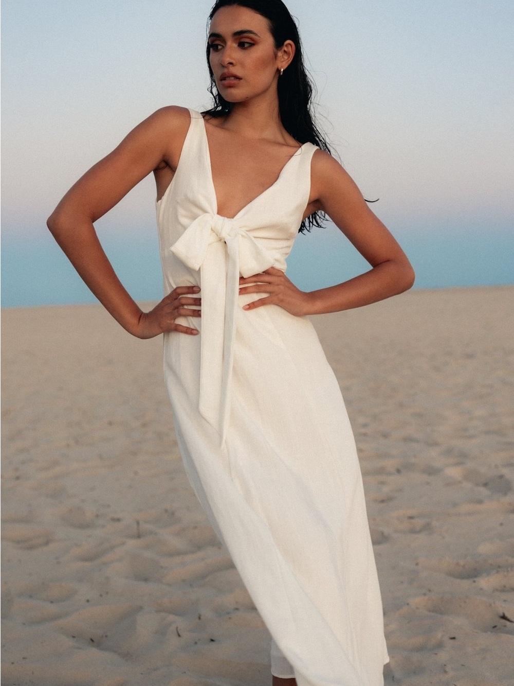 Archer Midi Dress | Elegant White Tie-Front Dress | small